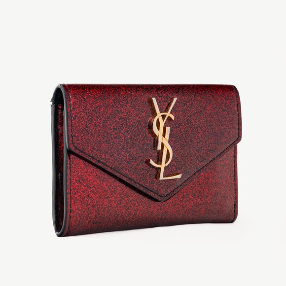 Saint Lauren "Bright Fuchsia" Glitter Patent YSL Leather Wallet - Picture 2 of 10